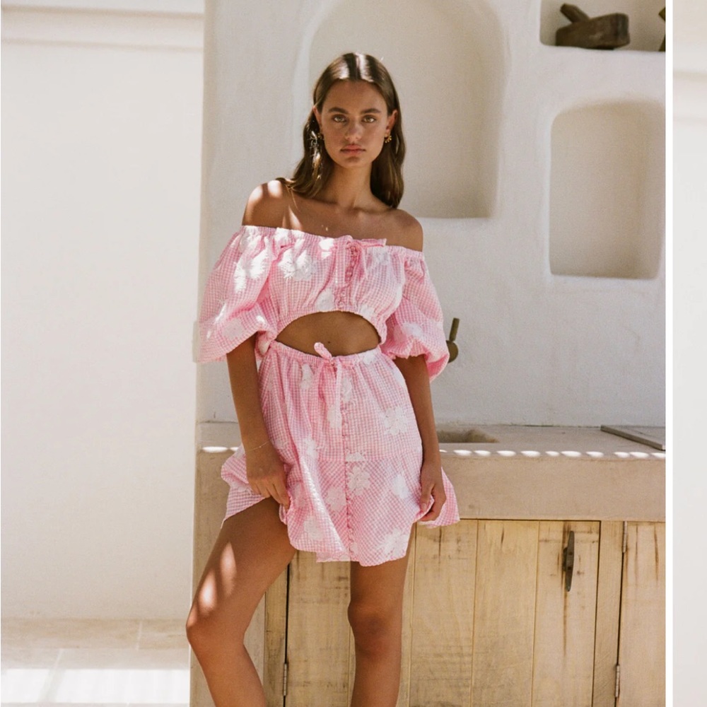 SABO SKIRT - Gingham Pink Dress with front cut out